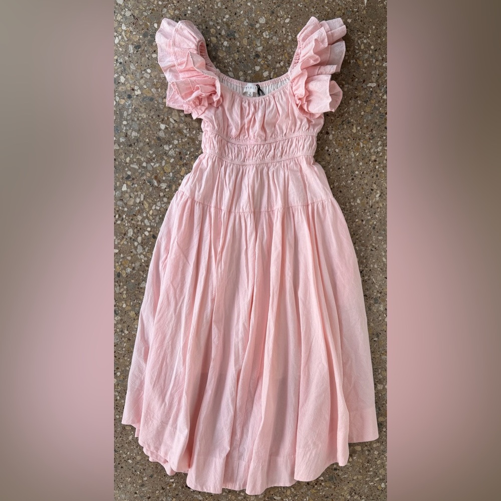 MABLE long Pink dress, Ruffle shoulder